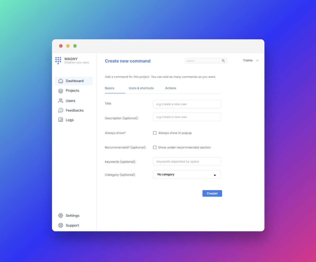 getmagny's tweet photo. Instead of adding commands in a single form, we have broken down each command entry into 3 tabs: 

🚩 Basics
🚩 Icons &amp; shortcuts
🚩 Actions

This made the whole command adding process much smoother for a project.

 #buildinpublic #saas #commandpalette https://t.co/UfCMuahOOD