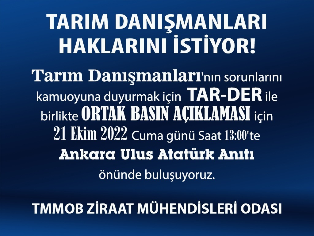 #ZMOTarımDanısmanlarınınYanında
#çözümistiyoruz
#TarımDanısmanlarıCaresiz
#atamahaktır
<a href="/TMMOBZMO/">TMMOB Ziraat Mühendisleri Odası</a> <a href="/TMMOB1954/">TMMOB</a> <a href="/tarderorg/">TAR-DER</a> <a href="/TCTarim/">T.C. Tarım ve Orman Bakanlığı</a>