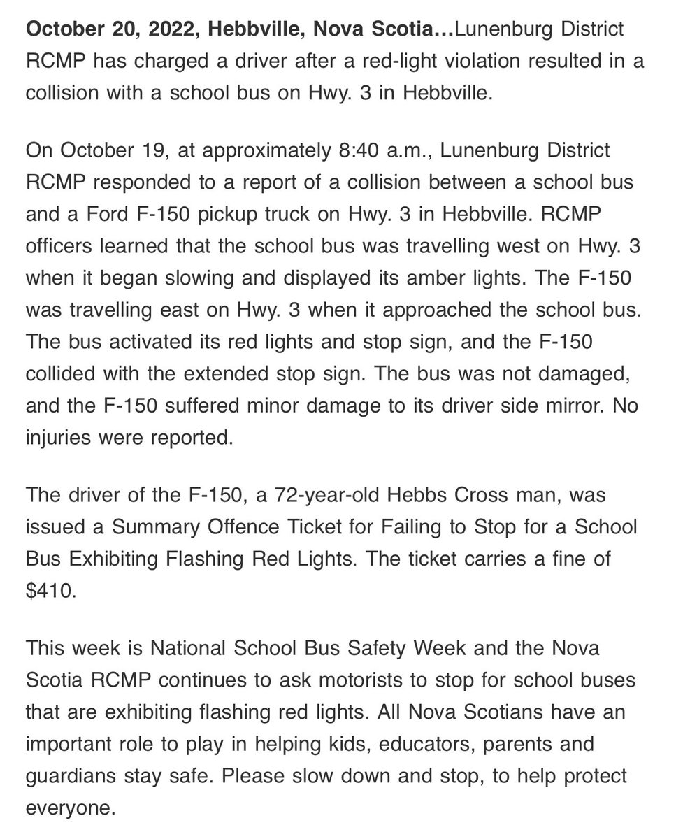 It’s National School Bus Safety week… and yesterday an F-150 driver hit the flashing stop sign of a bus picking up kids. 
(Pic: Public note from NS RCMP.)