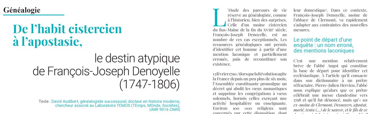David AUDIBERT (@audibert_david) on Twitter photo Retrouvez, dans le n° 114 de Maine Découvertes, ma chronique généalogique consacrée à l'identification et à la reconstitution du parcours pour le moins original d'un moine cistercien du Bas-Maine à la fin de l'Ancien Régime et sous la Révolution
<a href="/GenealogistesFR/">Généalogistes France</a> Retrouvez, dans le n° 114 de Maine Découvertes, ma chronique généalogique consacrée à l'identification et à la reconstitution du parcours pour le moins original d'un moine cistercien du Bas-Maine à la fin de l'Ancien Régime et sous la Révolution
<a href="/GenealogistesFR/">Généalogistes France</a>