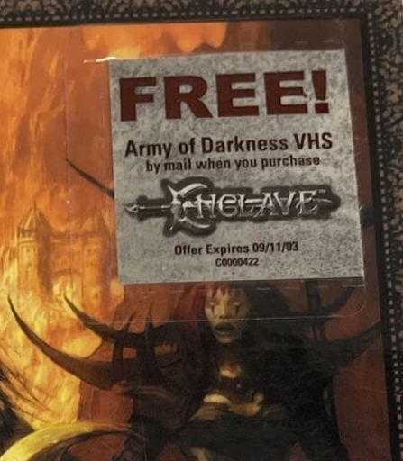 landoncrivers's tweet photo. @playziggurat this offer needs to be revived. This was for the 10th anniversary of Army of Darkness. do you think you would be able to find a bunch of Army of Darkness (1993) VHS tapes and we can honor the 30th anniversary?? of Army of Darkness on VHS? #enclavehd https://t.co/COImQZXpZw