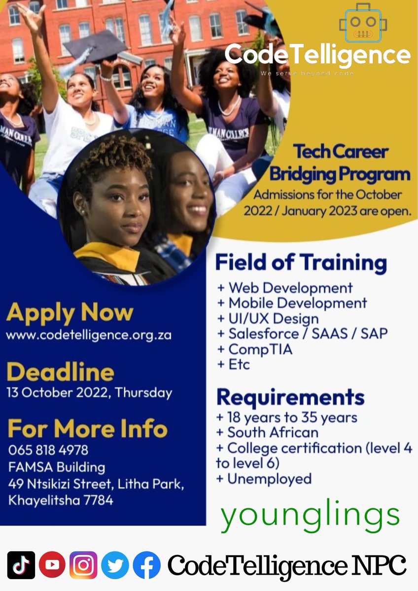 Code_Telligence's tweet photo. We are at FAMSA Building, 49 Ntsikizi Street in Litha Park, Khayelitsha.
Come for the Open Day 🤯
#KhayelitshaSkillsDevelopment #BridgingProgram #ICT_Bootcamp https://t.co/byg8m6vcw3