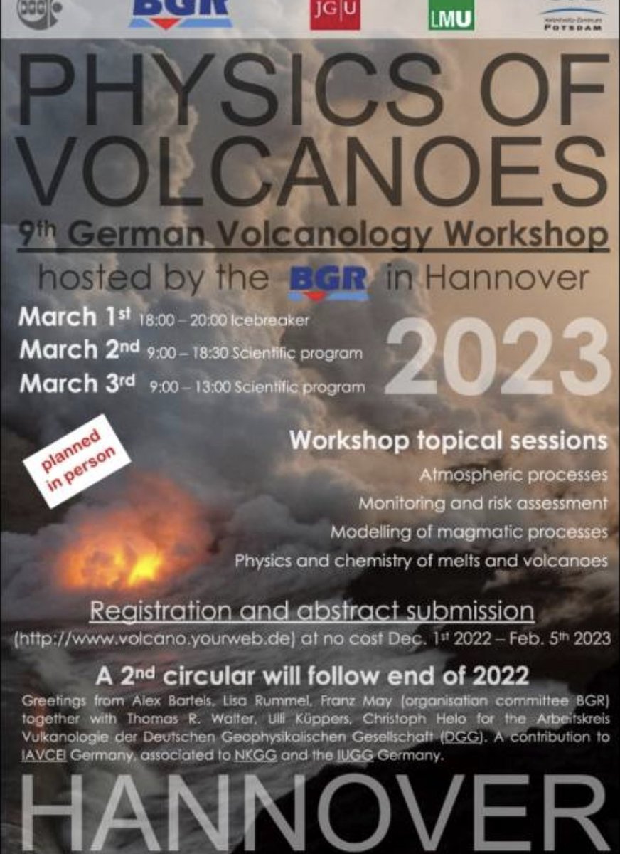 Just sent out the 1st circular for the 9th German Volcanology meeting that will take place 1-3 March at @BGR in Hannover. Everyone working at German universities or research institutes & working on magmatic topics, please apply. As always, no fees! volcano.yourweb.de