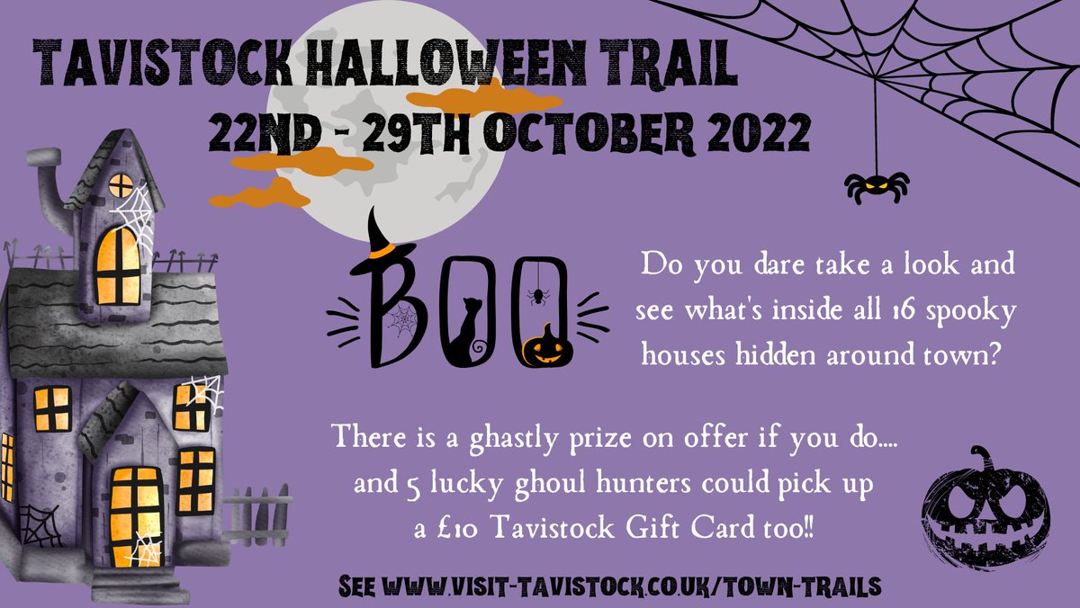 Take part in Tavistock's Halloween Trail next week🎃 Collect your trail sheet from us at the Guildhall &amp; Visitors Centre 22nd - 29th Oct, keep an eye out for eerie houses &amp; their ghoulish occupants! 

Find out what else is happening during half term here: tavistockguildhall.org/news-details/h…