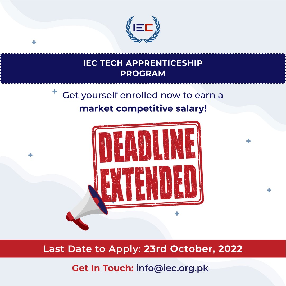 DEADLINE EXTENDED!
This is your chance to register now if you haven’t: apply.iec.org.pk/application/fi…

Deadline date: 23th October, 2022
Email Us: ask@iec.org.pk OR
Call us at +92 333 8800947

#earning #online #courses #register #tech #emergingcareers #digitalskills #skillstraining