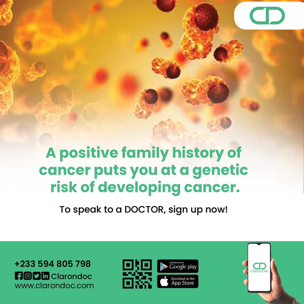 clarondoc's tweet photo. Are you genetically at risk of developing breastcancer? 

Speak to a doctor now!

Click link: https://t.co/OMOQZ8H3GJ

Call us 0594805798 / 0559047147

#ClaronDoc #Subscribe  #claroncares https://t.co/a8B2ROagaG