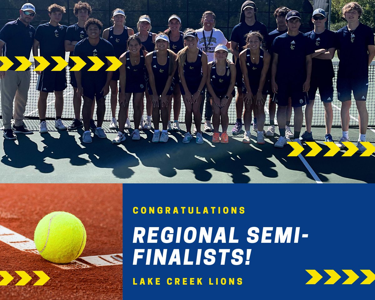 What a season! Congrats Lions! <a href="/CoachPatKennedy/">Pat Kennedy</a> <a href="/lions_trw/">Tim Williams</a> <a href="/ADHeard_MISD/">Clint Heard</a> <a href="/coachrochinski/">Michelle Rochinski</a> <a href="/LakeCreekHS/">Lake Creek High School</a> <a href="/FlemingInTheDen/">Christie Fleming</a> <a href="/LClionsPTO/">Lake Creek high school PTO</a> <a href="/LCAcesandDeuces/">LC TENNIS Booster Club</a>