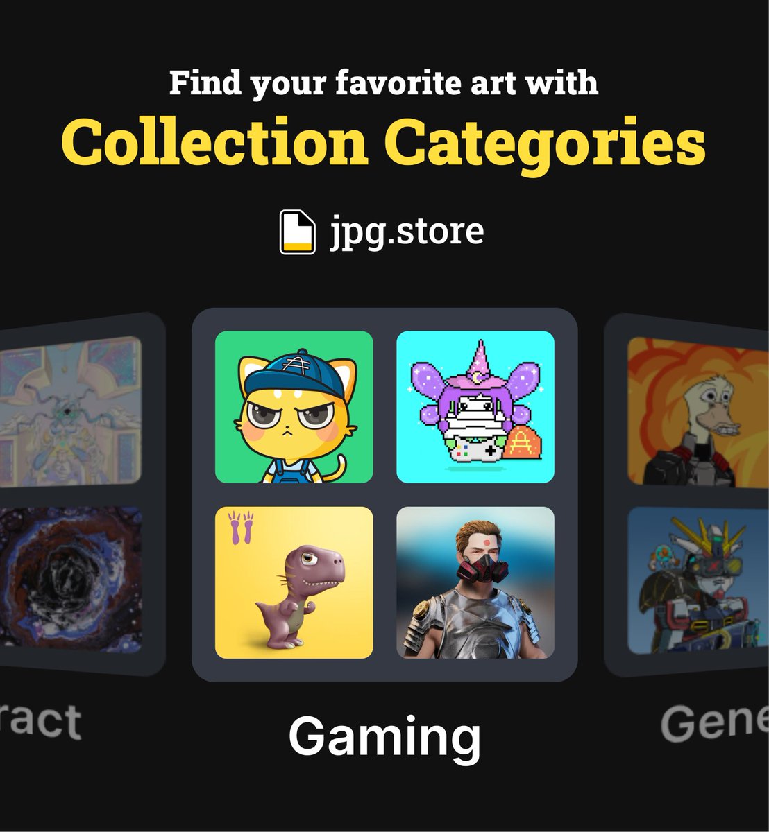 jpgstoreNFT's tweet photo. Categories are LIVE! 🚨

We just took discoverability to a new level on JPG Store. You are now able to filter projects by their main focuses 🔎

These categories range from 1:1 Art to Gaming, DeFi and much more! 🔥 https://t.co/TlVSi3uHnW
