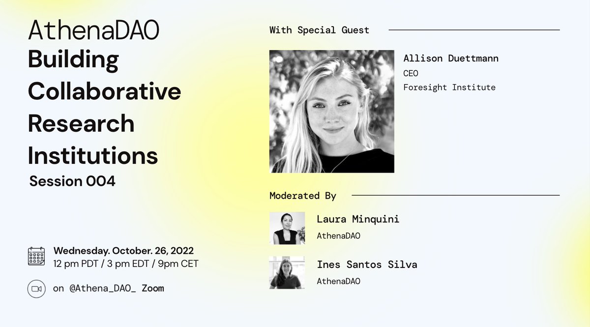 Thank you AthenaDAO @athena_DAO_ ! Tune in next week to listen to our very own @allisondman with @LauraMinquini & @isss111 Date: Wednesday, October 26th @ 12 pm PDT Platform: Twitter Spaces - twitter.com/i/spaces/1MYxN… Format: 45 minute with you and then 15 open for Q&A