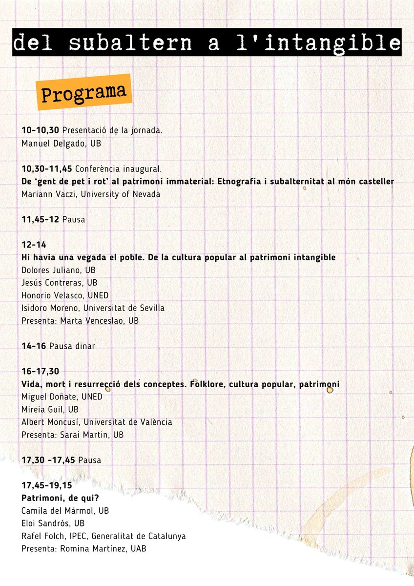 cpc_ica's tweet photo. Us presentem el cartell i el programa de la jornada "Del subaltern a l'intangible. O de com la cultura popular esdevingué patrimoni immaterial".

Divendres 28 d'octubre a les 10h a la @GH_UB 

Us hi esperem!

Tota la info aquí👇 https://t.co/trwFvGGekZ