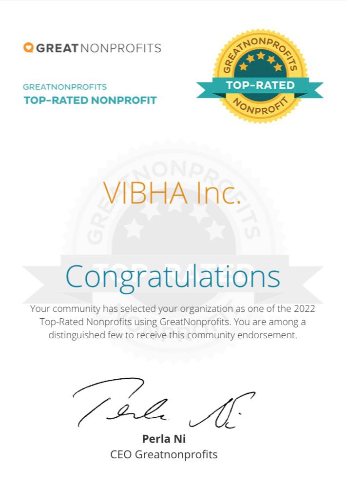 <a href="/Vibha_In_India/">Vibha India</a> is thrilled to announce that we are one of the first winners of the 2022 Top-Rated Award from <a href="/GreatNonprofits/">GreatNonprofits</a>. Read our community's inspiring stories which helped us achieve this feat.greatnonprofits.org/org/vibha-inc