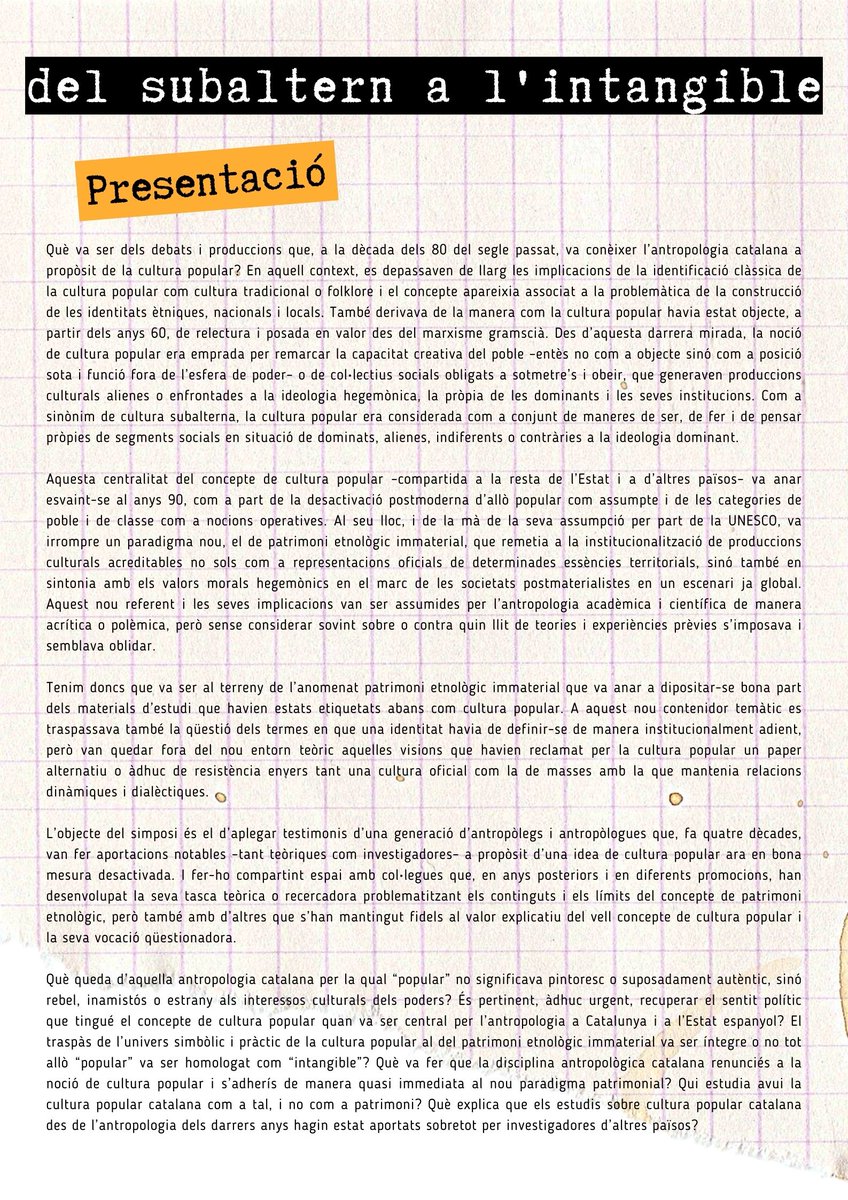 cpc_ica's tweet photo. Us presentem el cartell i el programa de la jornada "Del subaltern a l'intangible. O de com la cultura popular esdevingué patrimoni immaterial".

Divendres 28 d'octubre a les 10h a la @GH_UB 

Us hi esperem!

Tota la info aquí👇 https://t.co/trwFvGGekZ