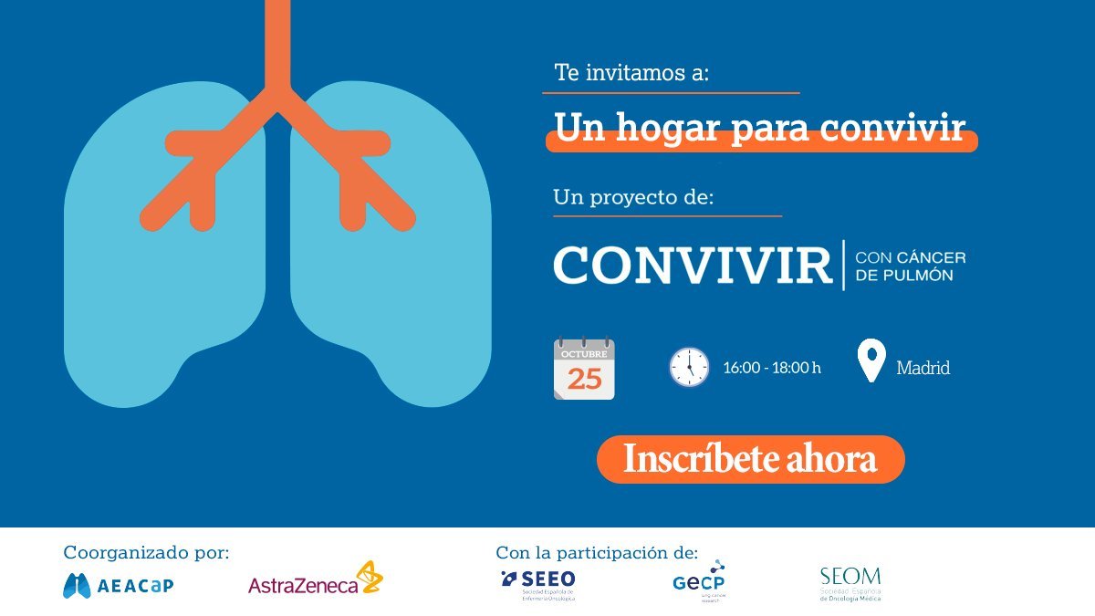 🔵🗣 ¿Eres familiar o paciente de #cáncerdepulmón?¿Te gustaría poder charlar y aprender a vivir mejor con especialistas en psicología, fisioterapia y nutrición? ➡ En #UnHogarParaCONVIVIR te ofrecemos talleres para poder vivir esta experiencia 👉Apúntate bit.ly/AEACaP-Convivir