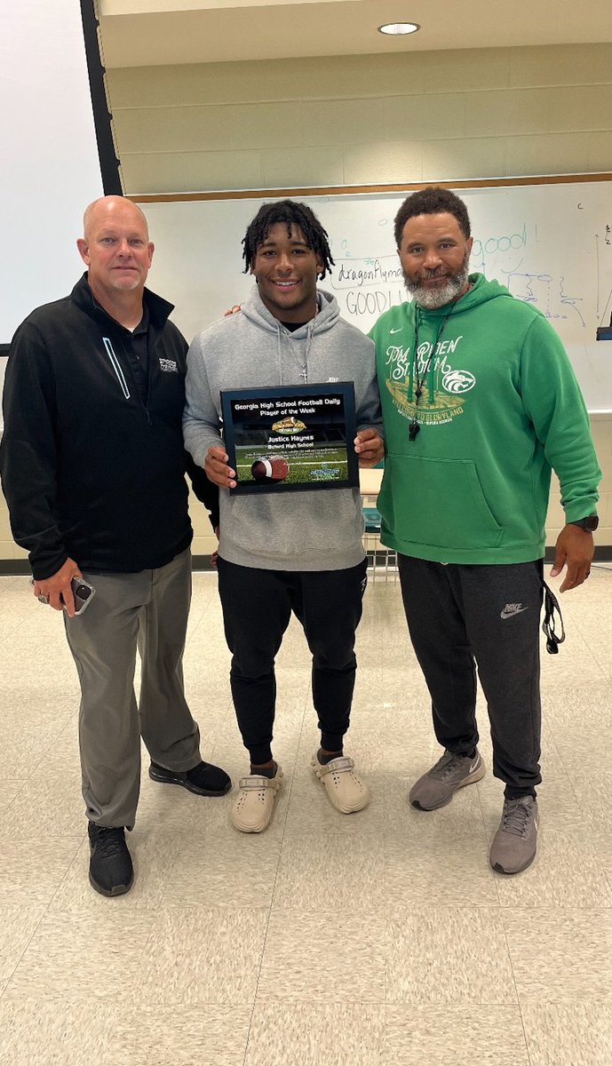 Congratulations to this week's @GHSFdaily Player of the Week, @justicehaynes6, from @buford_football. Haynes’ 214 yards against Mill Creek moved him ahead of NFL rookie and former Florida and Bainbridge star Dameon Pierce into 11th place all-time in Georgia rushing history.