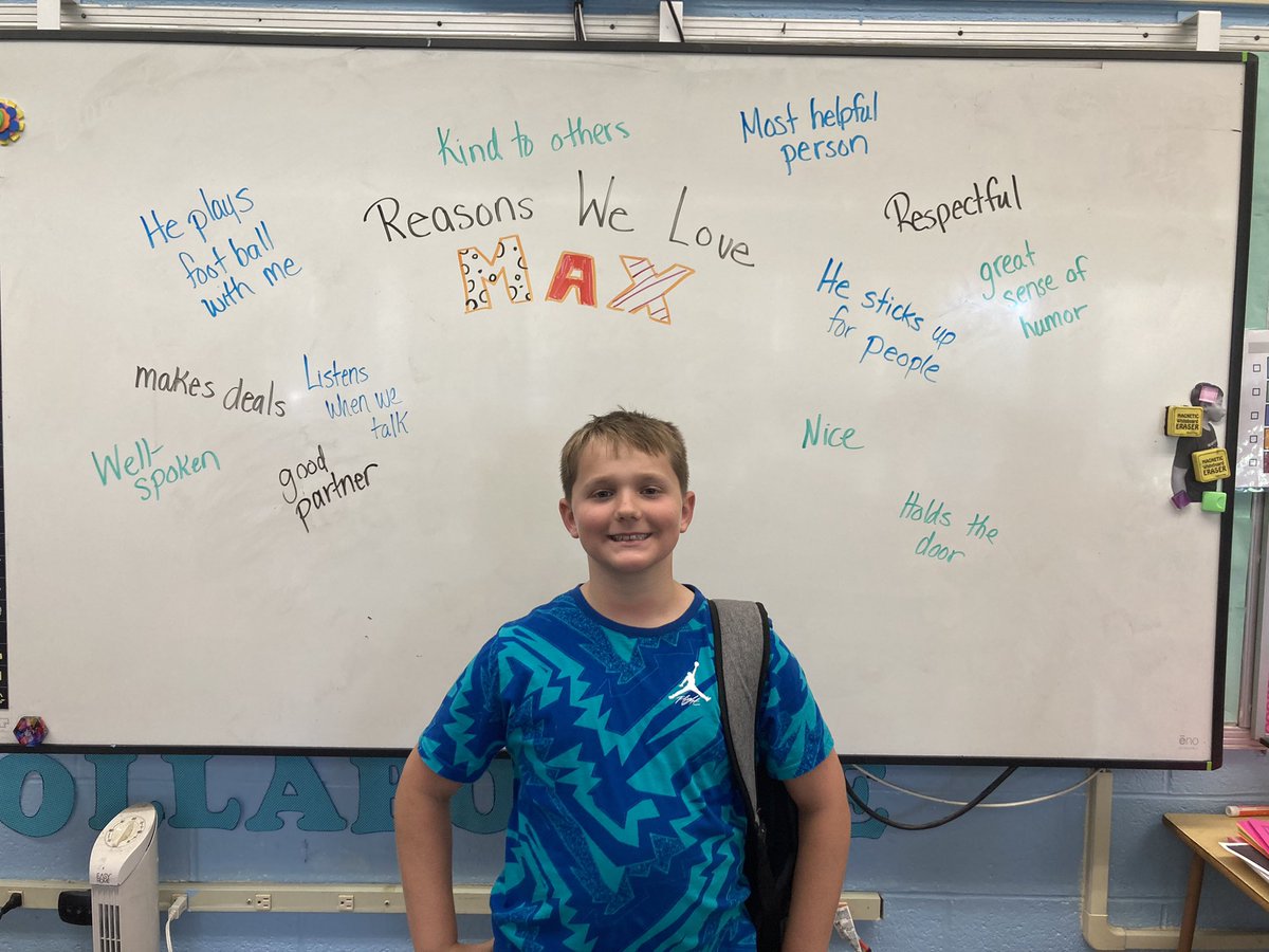 We started our “Reasons Why” activity today. Maximus was the first recipient of our positive energy and love. Look at all of the reasons he is a great person! <a href="/NAPublicSchools/">North Attleborough Public Schools</a> #AwesomeAmvet