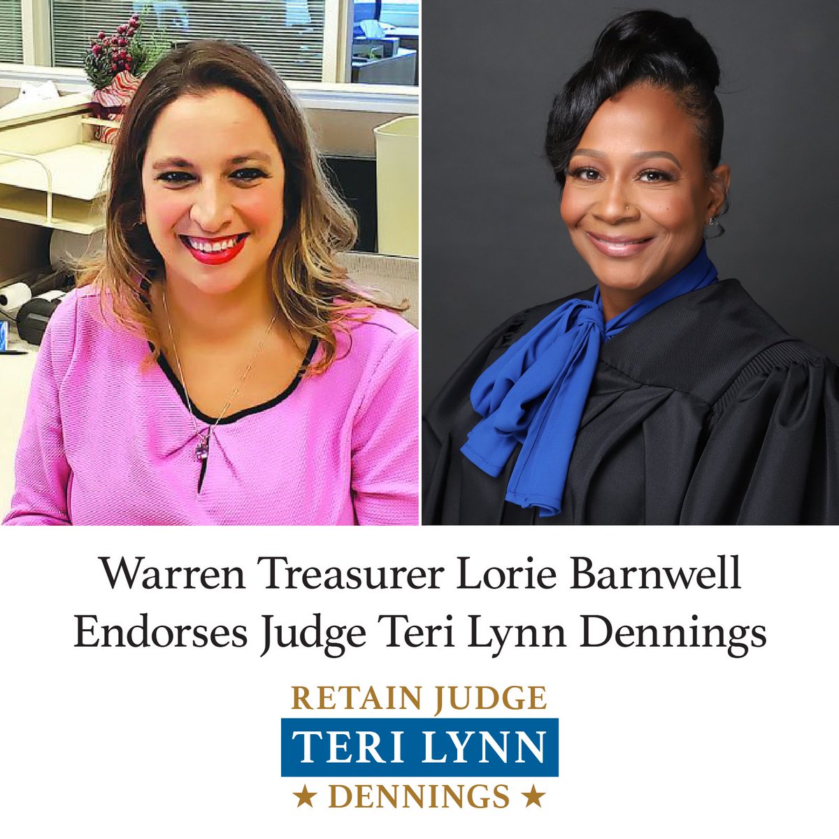 I'm pleased to announce the endorsement of Warren Treasurer Lorie Barnwell. Thank you Treasurer Barnwell for your support!