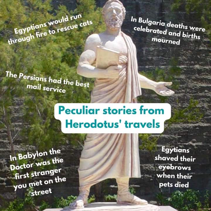 HistoryPodcast's tweet image. Did you know these five bizarre accounts from Herodotus' travels through the Ancient World? He certainly came across some very interesting cultural quirks, thankfully he was curious enough to share them. You can listen to our Herodotus episode to find out even more. #herodotus