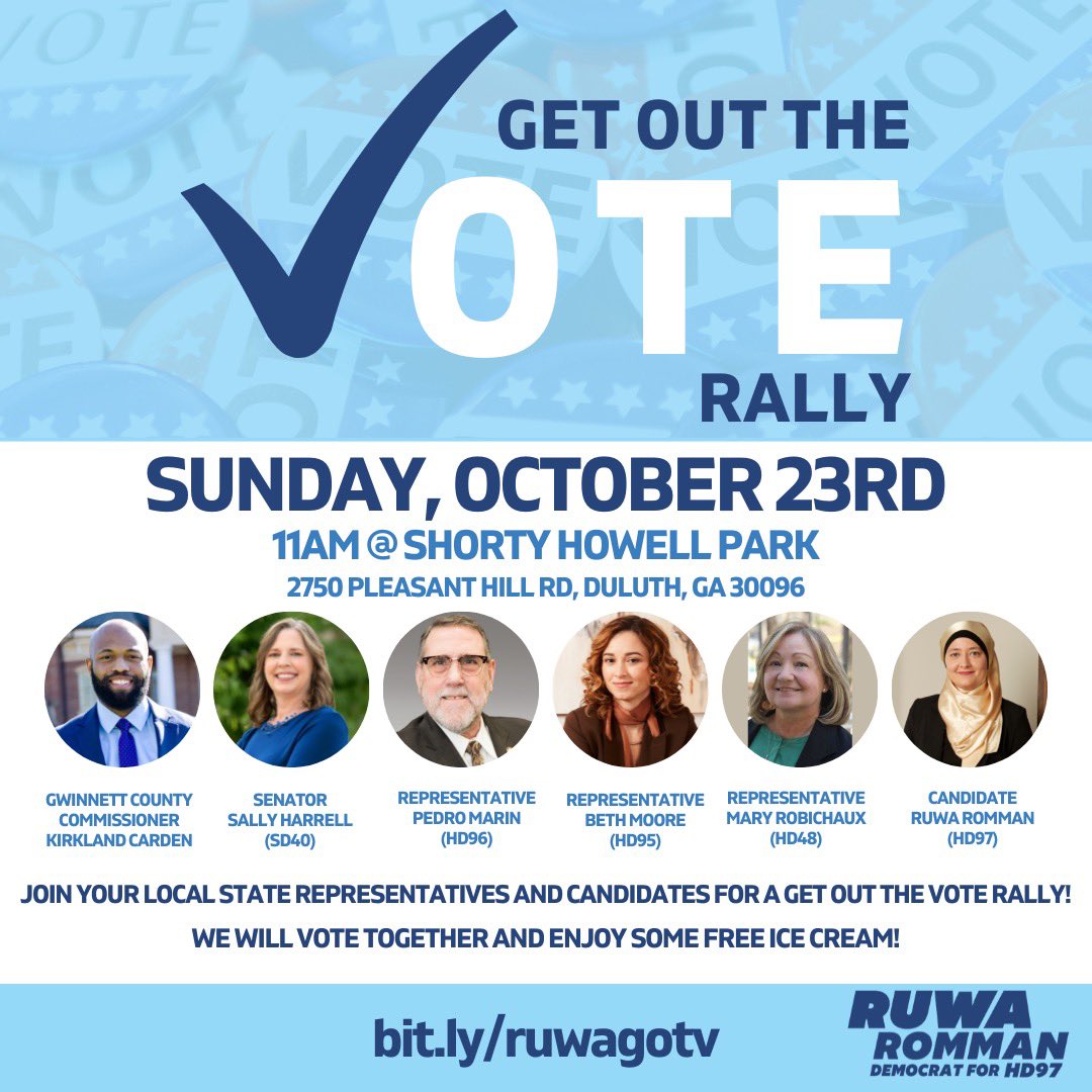 We’re so excited for our GOTV Rally Sunday 10/23 from 11-1! Join us to hear from your local representatives &amp; candidates, and vote early if you live in Gwinnett County. There will be music, community, &amp; free ice cream! Sign up: bit.ly/ruwagotv 🍦💙#Ruwa4Georgia #GAPol