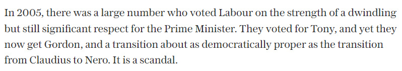 m1chaelbarnes's tweet photo. @SangitaMyska This is Boris Johnson's column in 2007 where he wrote that replacing Tony Blair with Gordon Brown without an election would be "a palace coup" and "North Korean". Also: https://t.co/YSJ3PDIQAQ