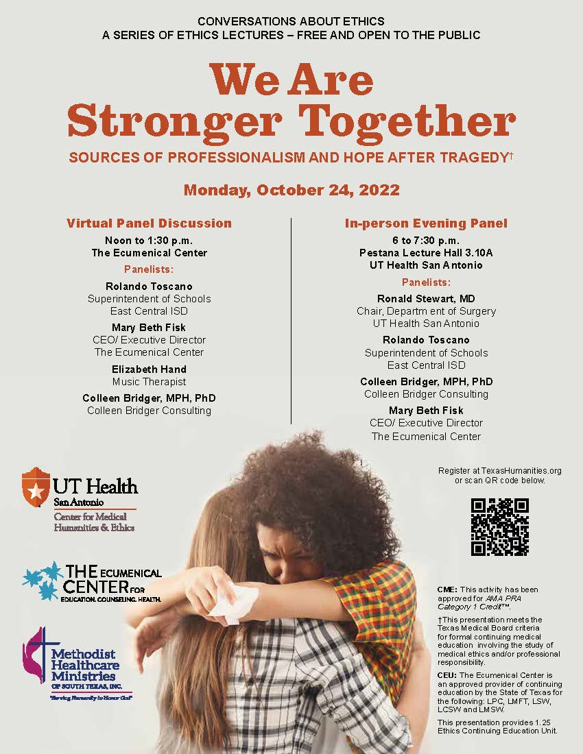 jason morrow (@comfortmeasures) on Twitter photo We Are Stronger Together. Join in person Oct 24 6-730pm for Conversations About Ethics. Register texashumanities.org
<a href="/UTHealthSA/">UT Health San Antonio</a> <a href="/CMHE/">Cheever Center for Medical Humanities & Ethics</a> <a href="/UTHealthSASurg/">UT Health SA Surgery</a> <a href="/UTHealthHospMed/">UT Health San Antonio Hospital Medicine</a> <a href="/UTHealthLibrary/">UT Health Libraries</a> <a href="/UTHealthSAlumni/">UT Health SA Alumni</a> <a href="/uthsaim/">UT Health San Antonio IM Residency</a> <a href="/ReACHCntr/">UTHealthSA ReACH Center</a> <a href="/STRAC/">STRAC</a> <a href="/COSAGOV/">City of San Antonio</a> <a href="/UnivHealthSA/">University Health</a> <a href="/UTPhysicians/">UT Physicians</a> <a href="/mhmstx/">Methodist Healthcare Ministries</a> We Are Stronger Together. Join in person Oct 24 6-730pm for Conversations About Ethics. Register texashumanities.org
<a href="/UTHealthSA/">UT Health San Antonio</a> <a href="/CMHE/">Cheever Center for Medical Humanities & Ethics</a> <a href="/UTHealthSASurg/">UT Health SA Surgery</a> <a href="/UTHealthHospMed/">UT Health San Antonio Hospital Medicine</a> <a href="/UTHealthLibrary/">UT Health Libraries</a> <a href="/UTHealthSAlumni/">UT Health SA Alumni</a> <a href="/uthsaim/">UT Health San Antonio IM Residency</a> <a href="/ReACHCntr/">UTHealthSA ReACH Center</a> <a href="/STRAC/">STRAC</a> <a href="/COSAGOV/">City of San Antonio</a> <a href="/UnivHealthSA/">University Health</a> <a href="/UTPhysicians/">UT Physicians</a> <a href="/mhmstx/">Methodist Healthcare Ministries</a>