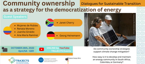 TRAJECTS_Centre's tweet photo. 🤔Is it easier to develop and sustain a community energy ownership system in Colombia🇨🇴, South Africa 🇿🇦, or Germany🇩🇪?

We celebrate the #InternationalDayAgainstClimateChange by talking about community ownership energy systems. 

Info and registration👇 
https://t.co/0BEg248q3t https://t.co/03kWIF0YCe