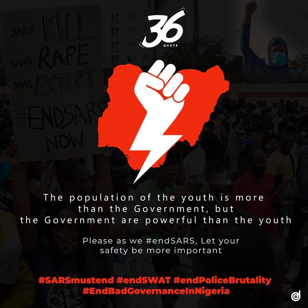36quote's tweet photo. The population of the youth is more than the Government population , but the government are powerful than the youth.
Please as we end Sarz , let your safety be more important. #LekkiMassacre2020 #LekkiMassacre #Endsarz #endswat. ๐ https://t.co/8Rw5GypVTG