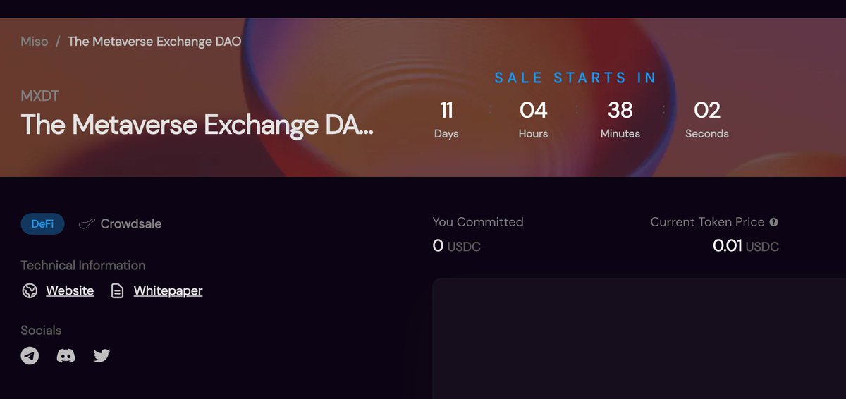 MetaExDAO's tweet image. The $MXDT 💵 presale is coming up on Sushiswap. 

11 more days, until 🚀🚀

Are you counting 🧐 down already?

#MXDT, #MXDAO, #Metaverse, #gamefi
