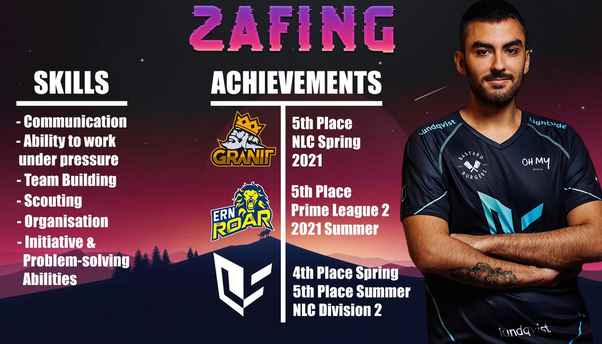 After a great year with <a href="/LightsideSWE/">Lundqvist Lightside</a> I am now LFT for  2023. 

Mainly looking for ERL Division 1 and 2  but I am up for all offers across the globe. I am able to relocate from the start of the next year.

Contact me through twitter or discord: Zafing#1616
References upon request