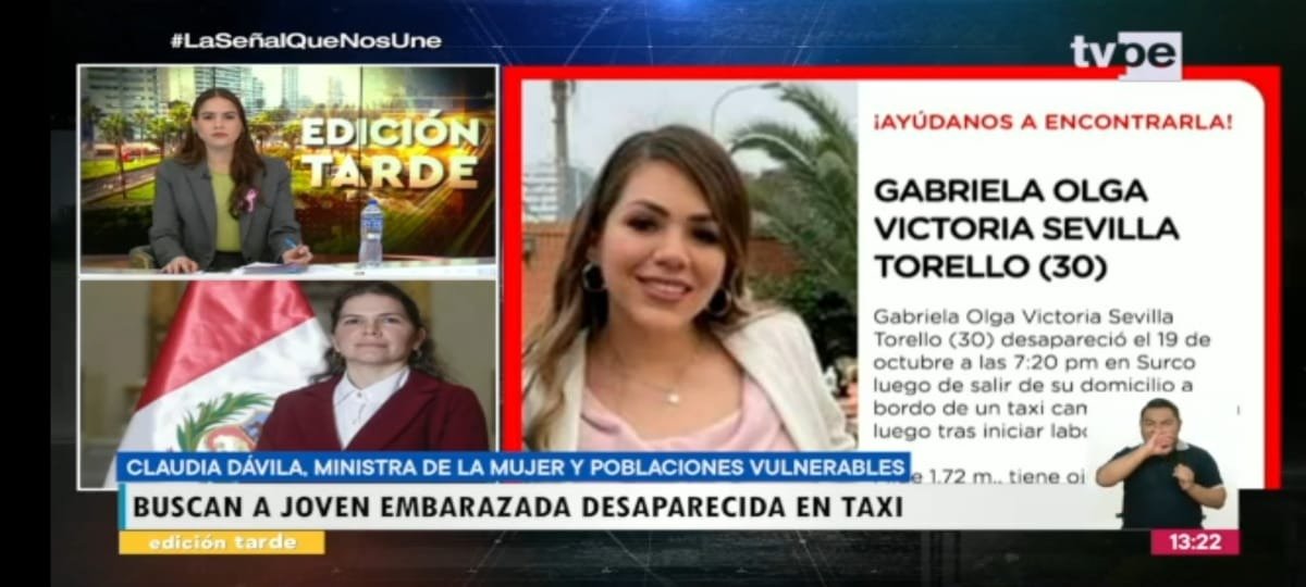 MimpPeru's tweet photo. #EnVivo | La ministra @CDavilaMoscoso declara en @noticias_tvperu y hace un pedido a la población de sumarnos a la búsqueda de Gabriela Olga Sevilla Torello quien desapareció tras salir de su casa camino a la clínica luego de iniciar labor de parto. https://t.co/R6rvKUBwZr