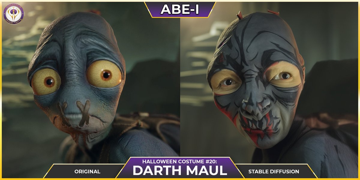 OddworldInc's tweet photo. Day 20 of #Abei
20 days in and Abe finally celebrates Star Wars! His 20th #Halloween costume is an homage to Darth Maul. Let’s not judge his face-painting skills.
#AIart @stabilityai #madewithstablediffusion #aiartcommunity #Halloweencostume #StarWars #DarthMaul @StarWars https://t.co/I5wazNrTq7