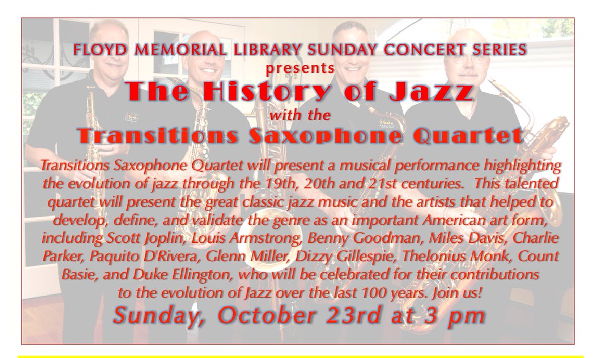 Transitions Jazz Quartet present The History of Jazz 

Listen to the evolution of jazz this coming SUNDAY with this talented quartet  - a great event, fun for everyone!