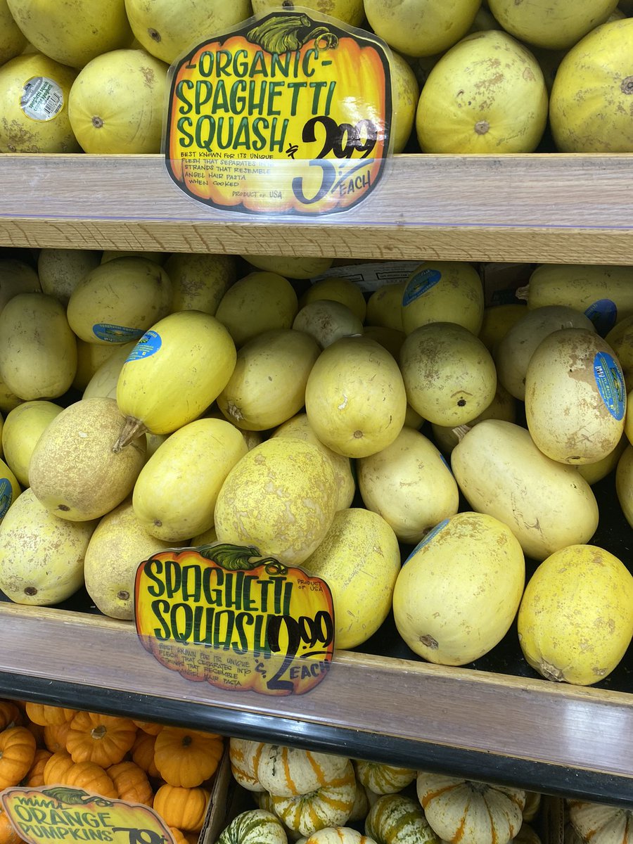 apiculturalLdn's tweet photo. Amazing variety of squash and pumpkin on offer in US super markets. Never seen spaghetti squash on shelves back home- I’ve had to grow it myself. Pollinated by Peponapis bees #squashbee #pumpkin #squash https://t.co/4W2jKOJ71j