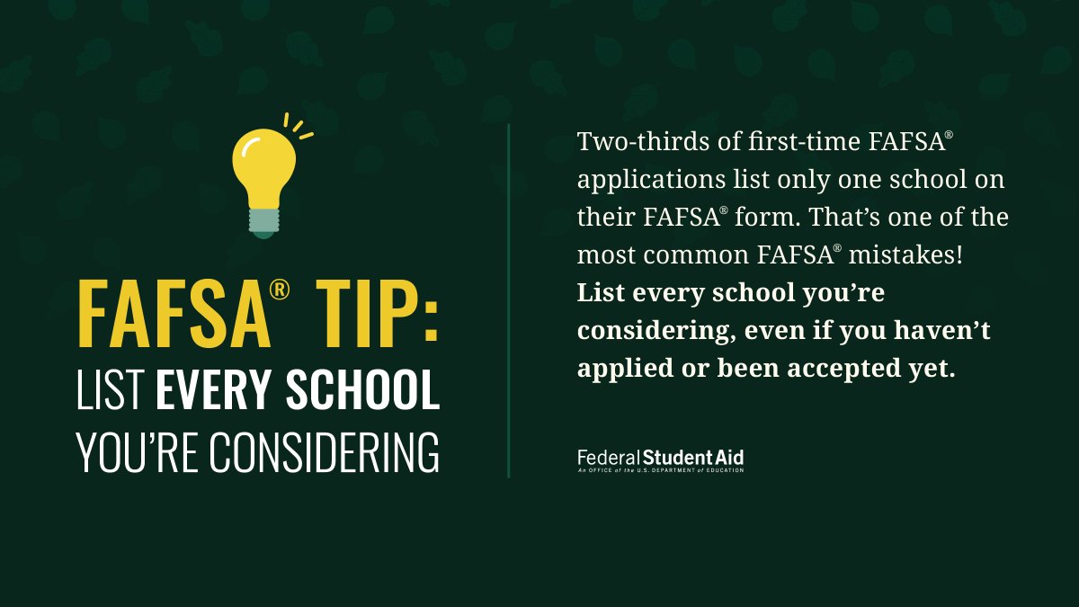 You can list up to 10 schools on your FAFSA® form.​ Use the Federal School Code Search to search for colleges you're interested in including on your FAFSA® form: studentaid.gov/fafsa-app/FSCs…