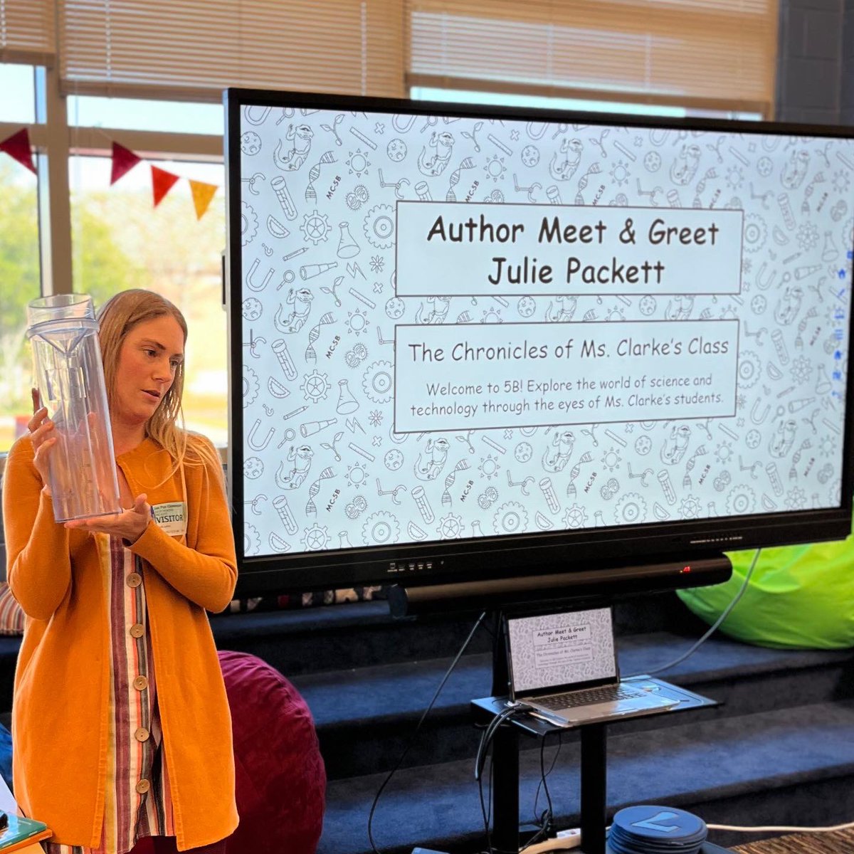 JulieHPackett's tweet photo. What a terrific Thursday! Thank you to the Joe Pye Elementary students for the STEMtastic questions. I had a blast talking #ScienceNight & #BattlingBots with all of you! #msclarkesclass @TeamDDTwo #STEM #books https://t.co/FbYXFzHouy