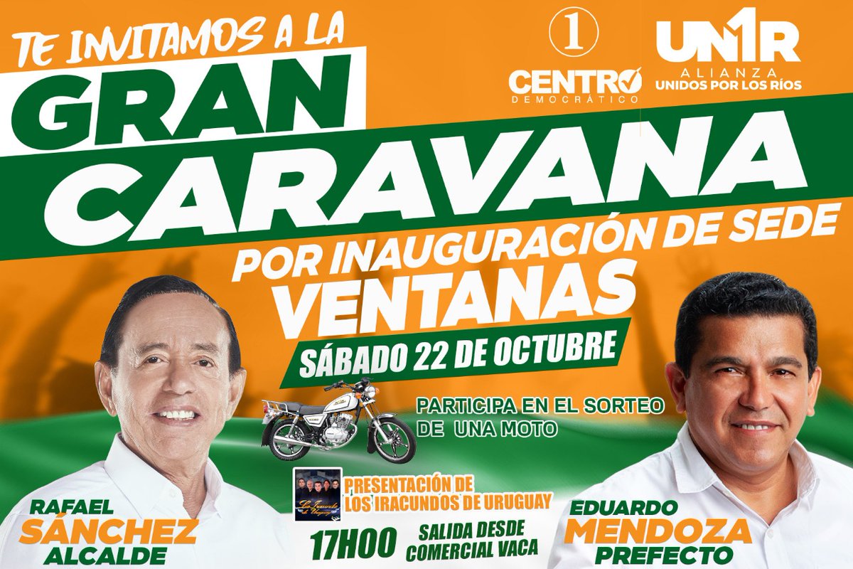 edumenpal's tweet photo. Te invito a la Gran Caravana por la inauguración de la "Sede Un1r Ventanas" y participa en el sorteo de una fabulosa moto. 
Cerraremos con una magnifica noche disfrutando las voces románticas de los IRACUNDOS desde Uruguay no te lo puedes perder este Sábado 22 de Octubre. https://t.co/dJs1nwamIJ
