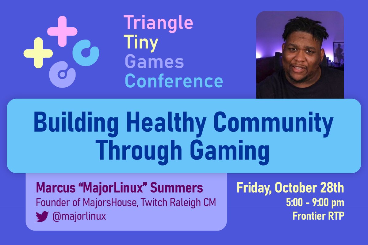 NEXT FRIDAY, we welcome <a href="/MajorLinux/">Marcus "MajorLinux" Summers</a> to our totally free, totally tiny GAMES CONFERENCE.

Marcus will be sharing knowledge on how gaming can be used to build &amp; support healthy communities.

Want to join us? Register below!