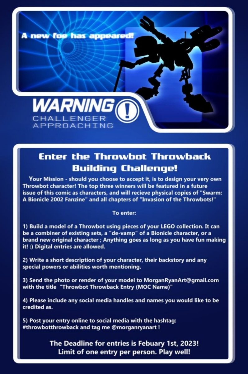 MorganRyanArt's tweet photo. WARNING! CHALLENGER APPROACHING! I'm hosting a new #bionicle #moc #contest called the #throwbotthrowback building challenge! Your Throwbot could get feautured in a new #comic ! Deadline for entries is Febuary 1st! #throwbot #slizer #firstcontact #zine https://t.co/A97wXfE4TS