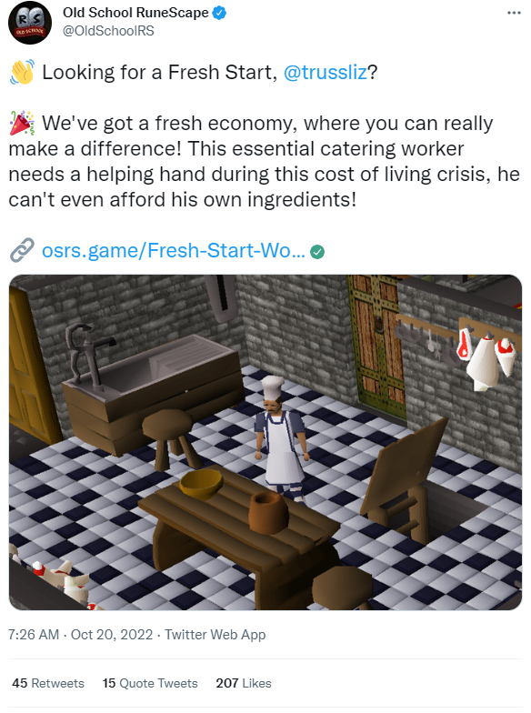 JakeSucky's tweet photo. Liz Truss the shortest serving British Prime Minister ever resigns today and Runescape offers her a brand new start with their own economy 😂 https://t.co/Rk3cmeQOmt