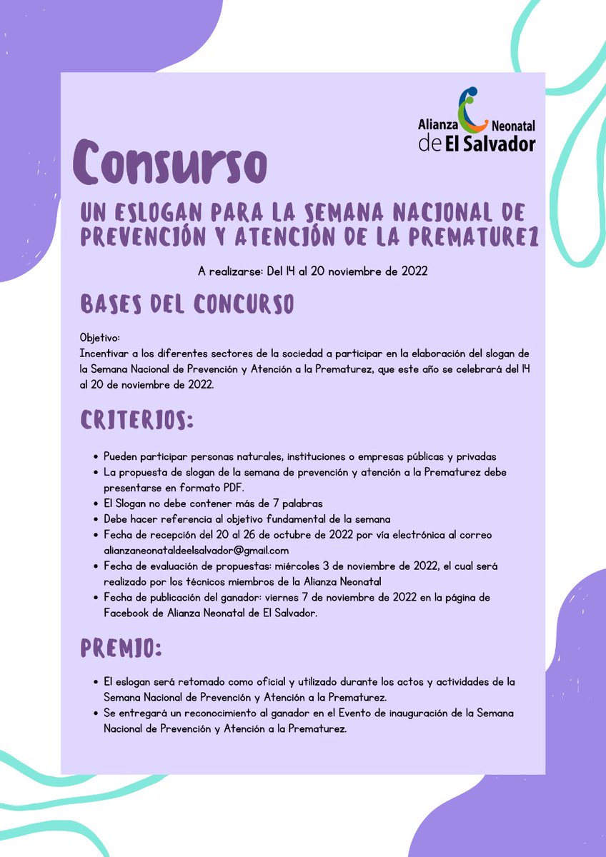 AlianzaNeonatal's tweet photo. Concurso abierto
Ayúdanos a elaborar el eslogan para la "Semana Nacional de Prevención y Atención de la Prematurez" 2022 #SNP
Se el ganador para este año https://t.co/hSi4ahctp5