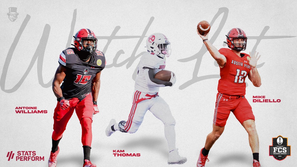 GovsFB's tweet photo. Shoutout to our guys for being named to these @FCS_STATS Midseason 𝓦𝓪𝓽𝓬𝓱 𝓛𝓲𝓼𝓽𝓼! 🎩🏈

@kam__5 - Jerry Rice Award
@mikediliello1 - Walter Payton Award
@Antoinewill8 - Buck Buchanan Award

🗞️ --> https://t.co/M35OBtzUap

#ChaseTheLion | #LetsGoPeay https://t.co/fOA1XYa1Be