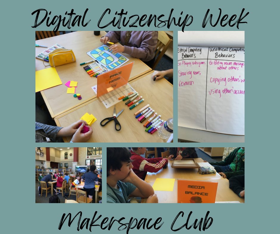 ARJH_Library's tweet photo. The Makerspace Club students @RJHlonghorns are working on creating board games with topics from Digital Citizenship Week: Media Balance, Digital Footprint, and Online Safety.#RJHGameON https://t.co/ALaxT6kLjo