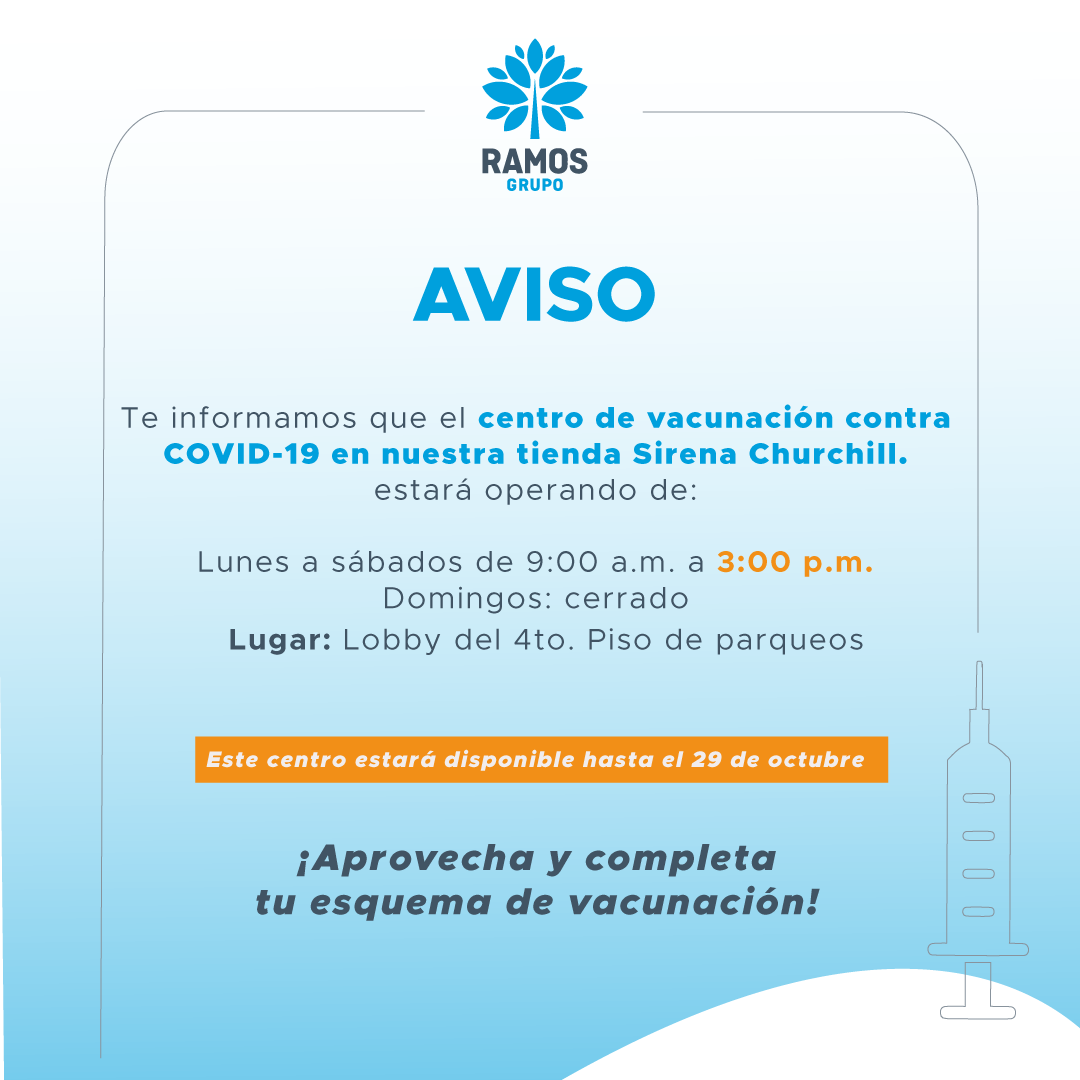 Hasta las 3:00 p.m. de Lunes a sábado estará laborando nuestro centro de vacunación contra el #Covid19 en <a href="/Sirena/">karmen</a> Churchill. ¡Aún estás a tiempo de completar tu esquema!