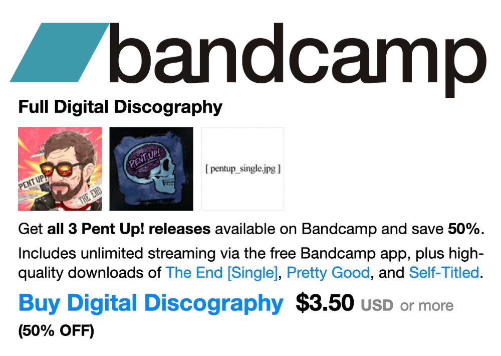 *DEAL ALERT*
For today and tomorrow ONLY, you can purchase our entire discography from Bandcamp for 50% off! Head over to pentup-rock.bandcamp.com and click the “Buy Digital Discography” link. #musicdeals #seattleband #alternativerock #punkrock #poppunk #heavypop