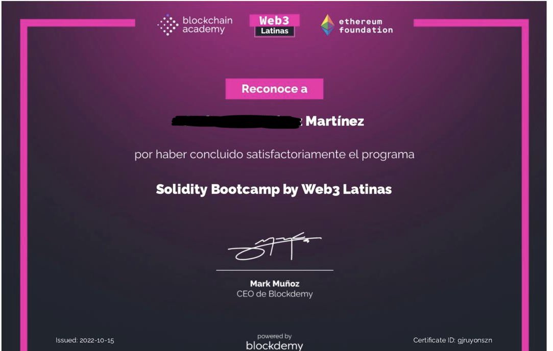 iran09_'s tweet photo. Dicen que si no presumes tu certificado de @blockdemy  no pasó! 🙈
Gracias por el bootcamp! Y por impulsarnos a más 🫶🏻 @Web3Latinas_ 
Ahora a seguir estudiando y practicando lo aprendido! 👩‍💻
#solidity #Ethereum #blockchain #web3 #NFTCommunity https://t.co/nbnTe9zkZf