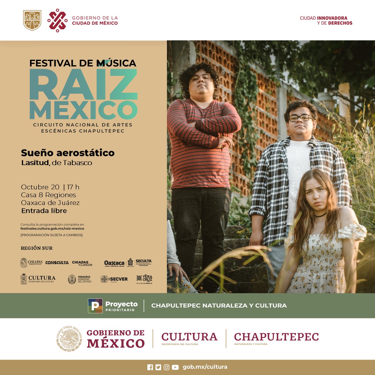 Ya estamos en #Oaxaca como parte del Festival #RaízMéxico✨

🗓️ Hoy Jueves 20 de octubre 
⌚16:30 Diálogo 
⌚17:00 Presentación 

📍Casa de las 8 Regiones, Oaxaca de Juárez 
🎫 Entrada Gratuita 

#Lasitud #Festival #Tabasco #band #indie