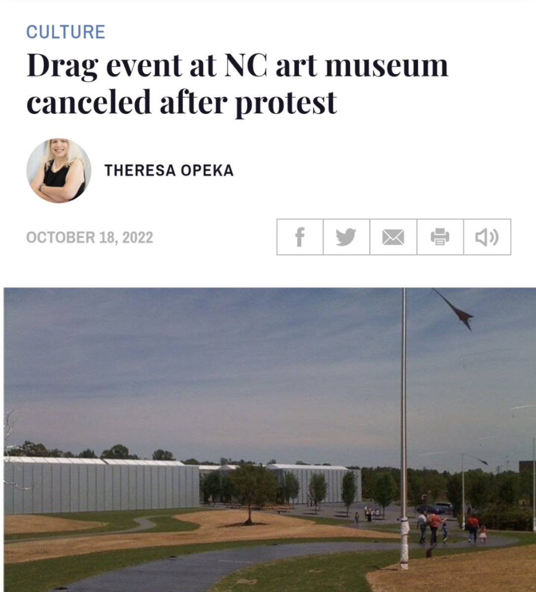 christopherrufo's tweet photo. BREAKING: Following a conservative pressure campaign, the North Carolina Museum of Art has canceled its drag queen performance, which had promised to promote "gender fluidity" and a "maelstrom of passion" to children as young as two years old. https://t.co/azpiyyOOyg