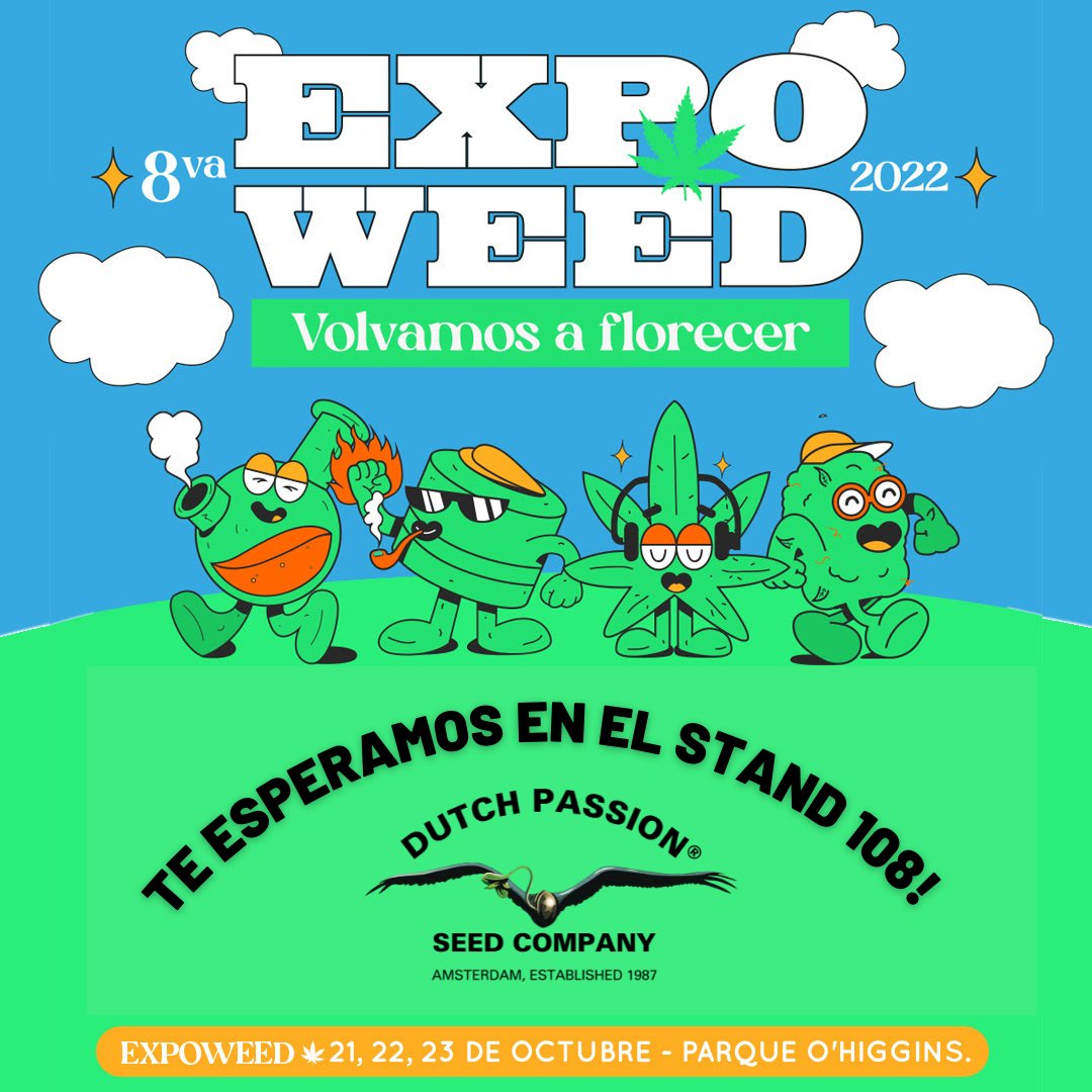 DutchPassion_'s tweet photo. Dutch Passion will be present at Expoweed in Chile which takes place on 21, 22 and 23 October! 🇨🇱⁠
⁠
📍⁠Parque O'Higgins⁠
⁠
Come visit us at stand 108! ⁠😎⁠
⁠Will we see you there? 💚⁠

#Expoweed #Expoweedchile #dutchpassion #dutchpassionseedcompany #feria #cannabisexpo https://t.co/qSGeqXt1RX