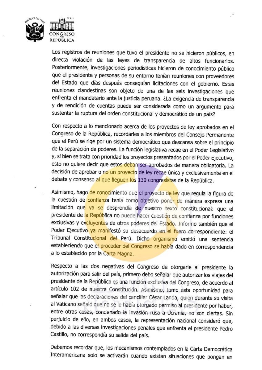 Latina_Noticias's tweet photo. El @congresoperu, envía carta a la OEA. Asegura estar dispuesto al diálogo para explicar "la situación que actualmente vive el Perú". Las cuatro páginas: https://t.co/VoHytK235T