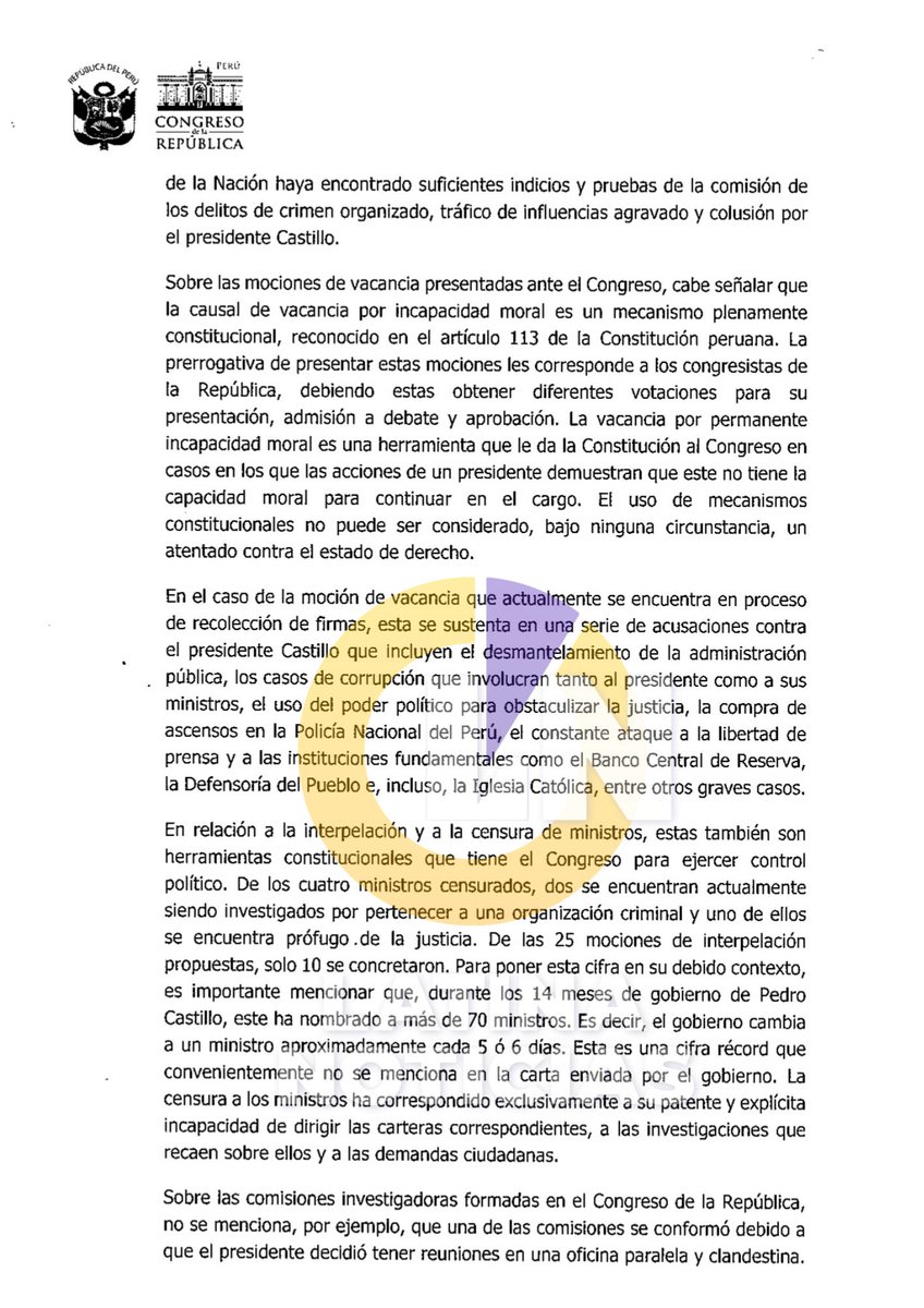 Latina_Noticias's tweet photo. El @congresoperu, envía carta a la OEA. Asegura estar dispuesto al diálogo para explicar "la situación que actualmente vive el Perú". Las cuatro páginas: https://t.co/VoHytK235T
