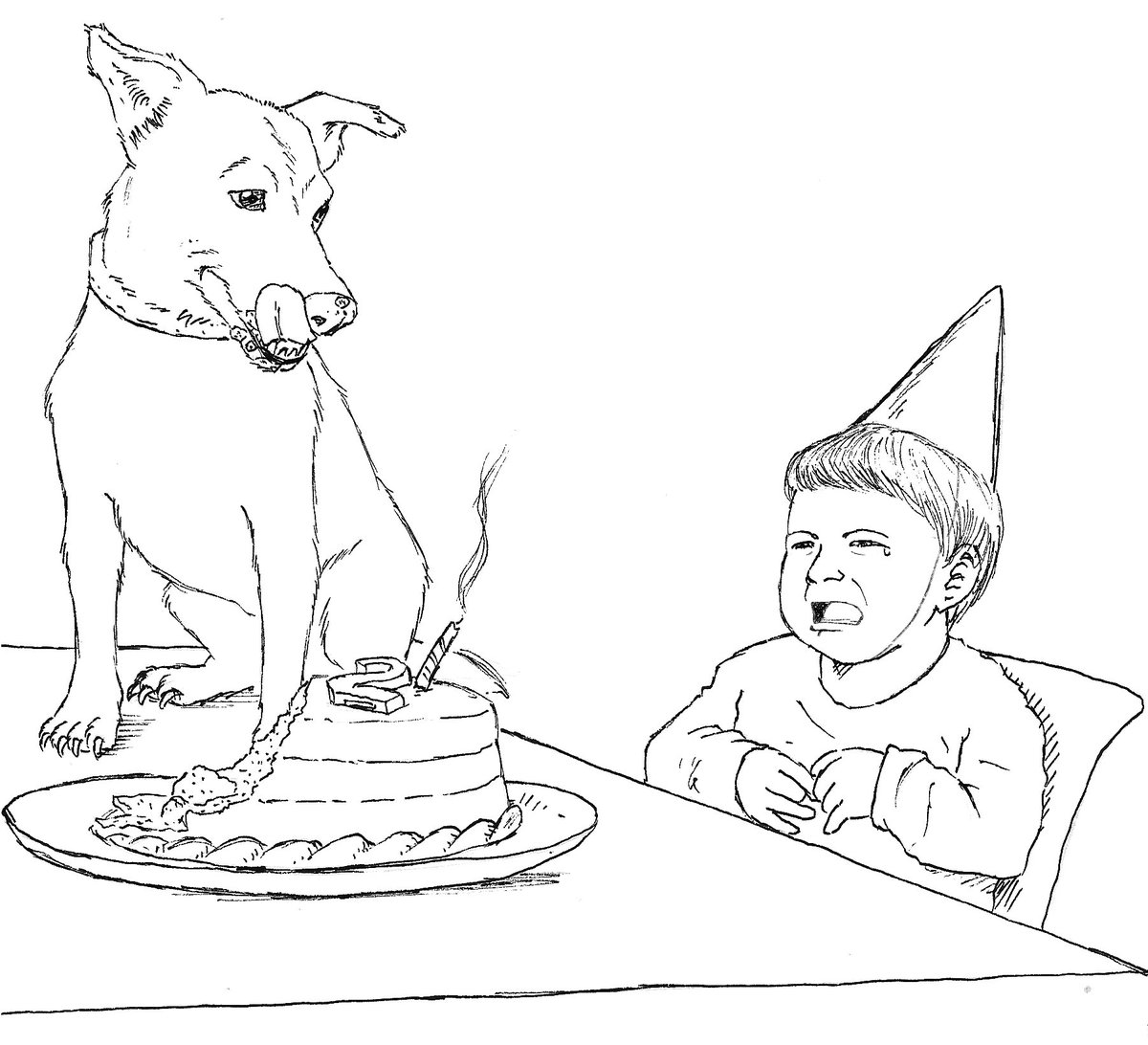 Inktober Day 21: Bad Dog.
Happy birthday and thanks for the cake, kid. 
#inktober2022 #Inktober #Inktober2018 #Inktoberday21 #Inktoberbaddog